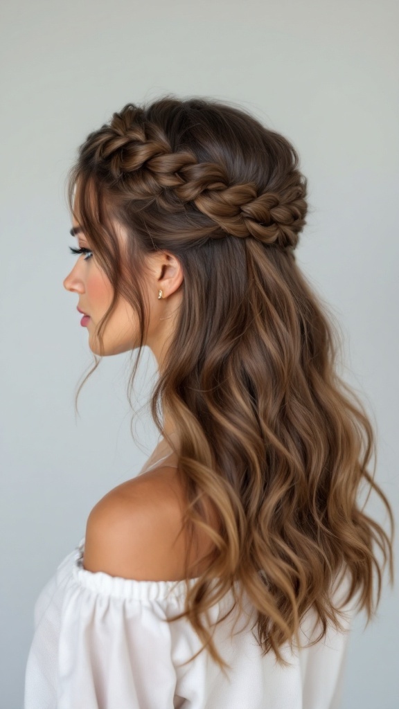 A stylish half-up half-down hairstyle featuring an intricate fishtail braid and wavy hair.