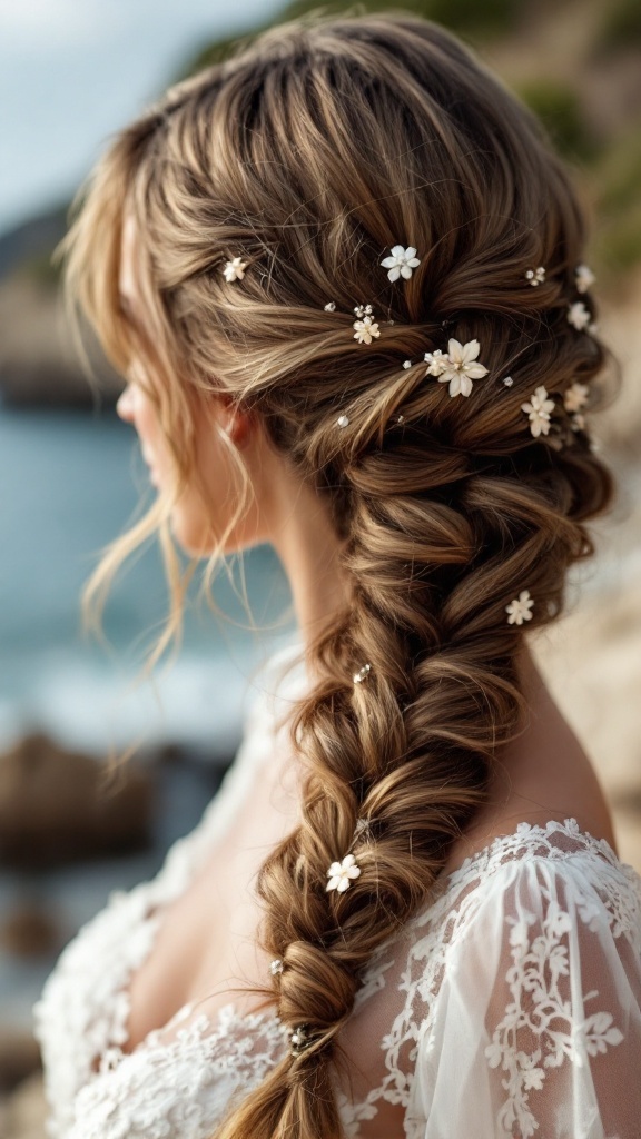 A woman with an intricate fishtail braid adorned with small flowers, standing near the beach.
