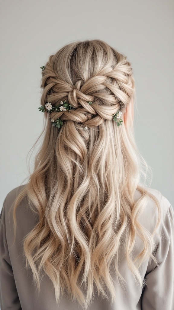 A woman with medium-length hair styled in a fishtail braid half up, adorned with small flowers and soft waves.
