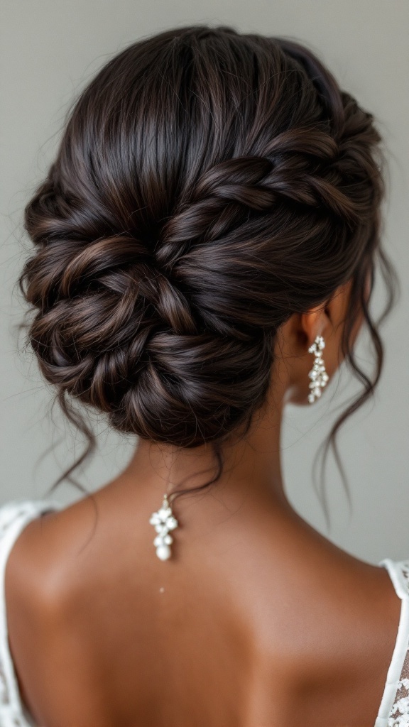 A close-up view of an intricate lace braided updo hairstyle, showcasing elegant braids and pearl earrings.