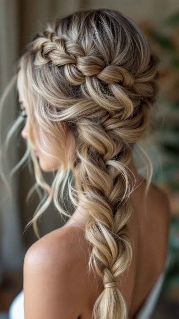 A close-up of a woman's hairstyle featuring an intricate twist braid with soft highlights, showcasing elegance and texture.