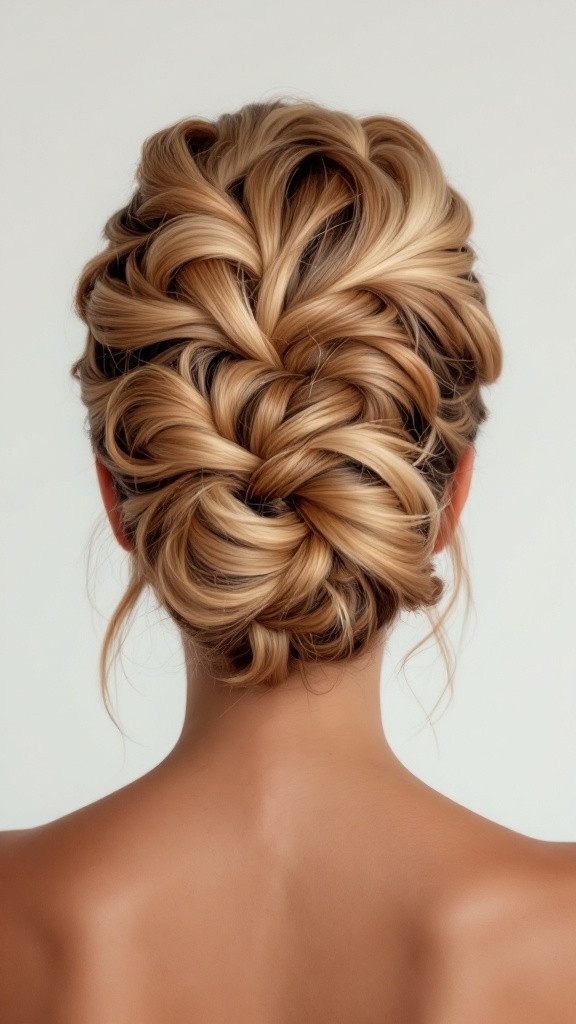 A beautiful updo hairstyle featuring twists and curls, ideal for complementing high neck dresses.