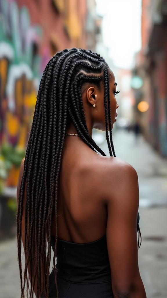 Woman with long knotless box braids standing in an urban setting