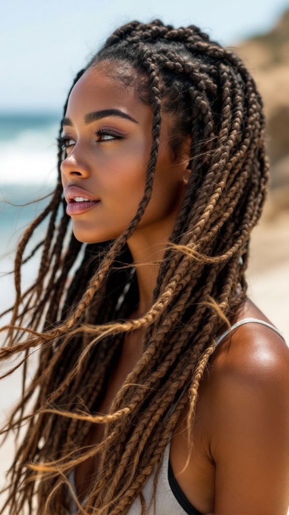 A woman with knotless braids at the beach, showcasing a stylish and comfortable hairstyle.