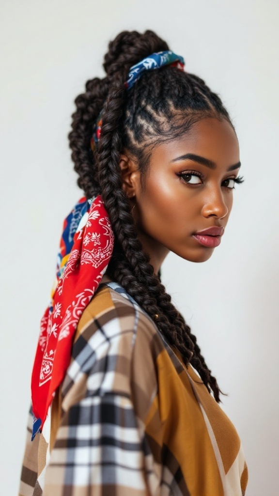 A woman with knotless braids styled with a colorful bandana, showcasing a trendy look.