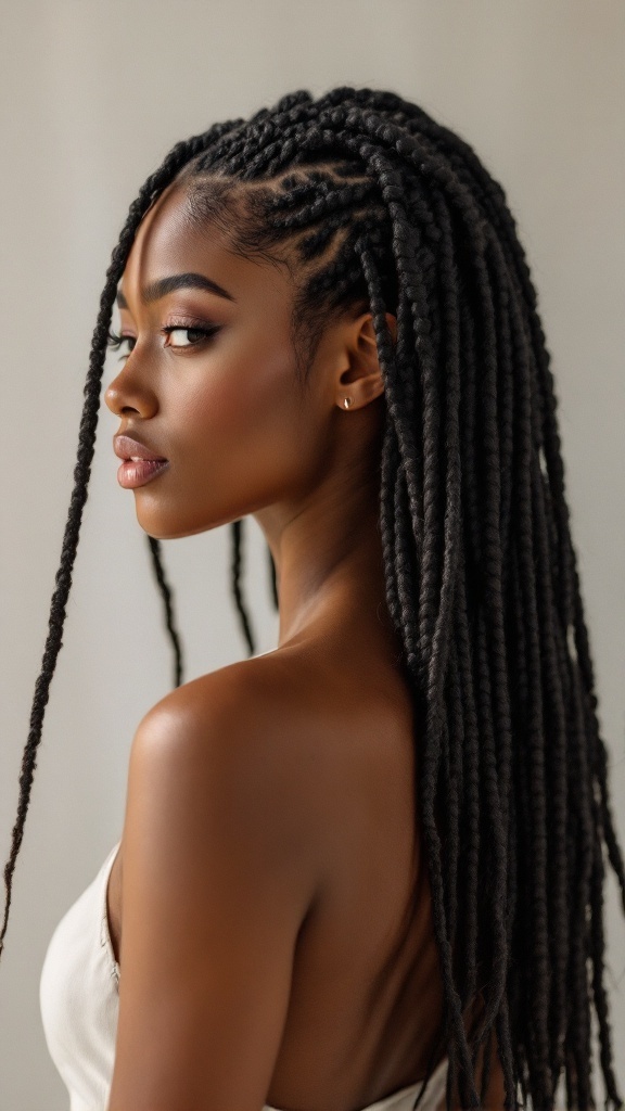 A woman with beautiful knotless crochet braids, showcasing a natural hairstyle.