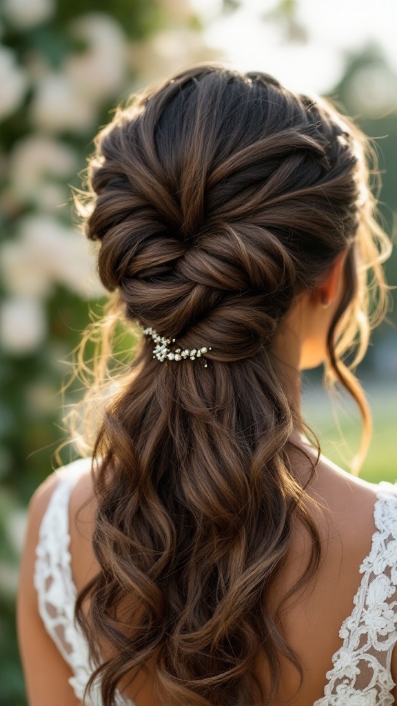 A woman with a knotted half up hairstyle, featuring loose curls and a hair accessory.
