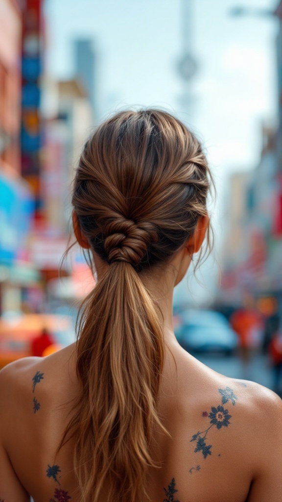 Back view of a woman with a knotted ponytail hairstyle, showcasing a casual and stylish look.