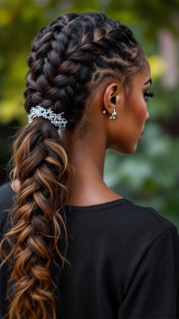 A woman with a lace braid transitioning into a ponytail, showcasing an elegant hairstyle.