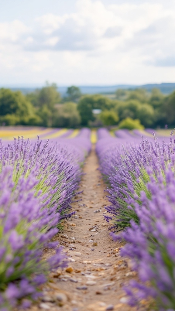 A picturesque view of lavender fields with a clear sky.