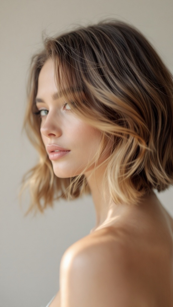 A woman with a layered bob hairstyle, showcasing volume and soft waves.