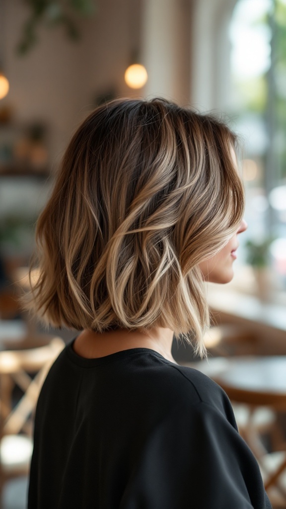 A woman with layered bob hairstyle featuring subtle highlights, viewed from the side in a cozy cafe setting.