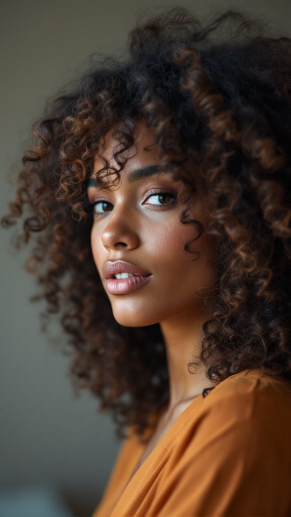 A woman with layered curls looking confidently at the camera.