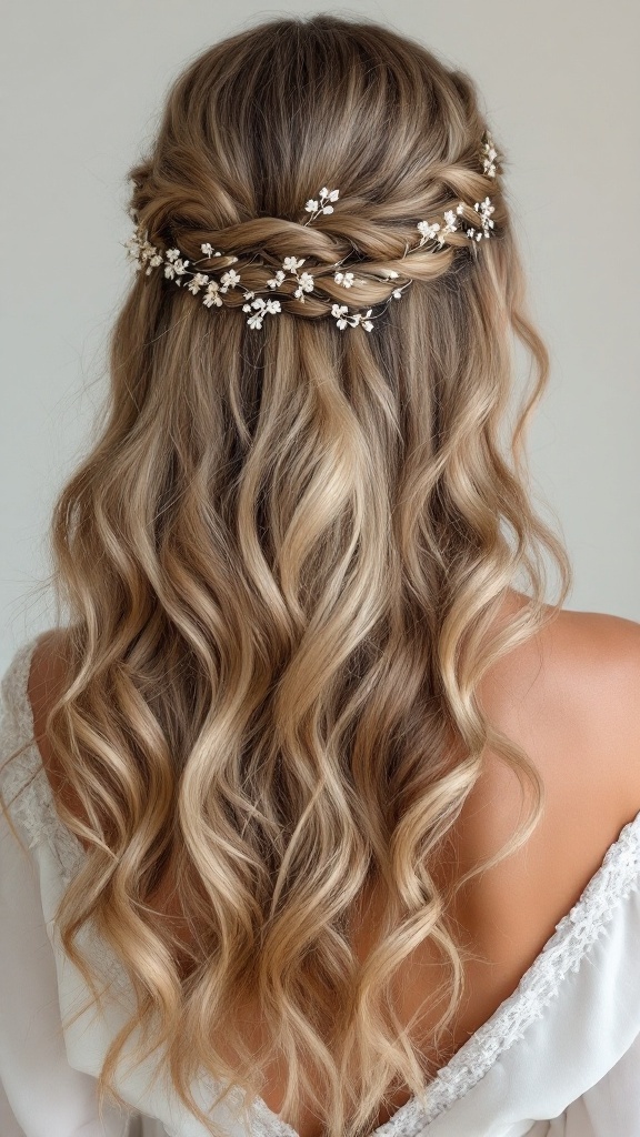 A bride's hair styled in layered curls adorned with a delicate floral hair vine.