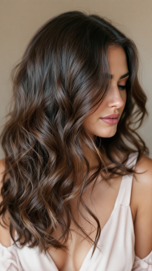 A woman with shoulder-length layered curls, showcasing volume and shine.