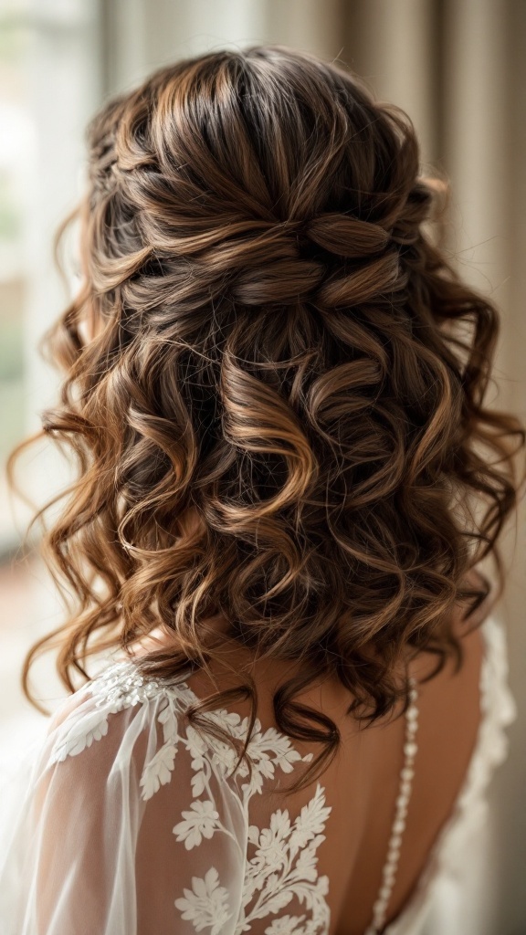 A back view of a bridesmaid with layered curls styled with volume and shine.