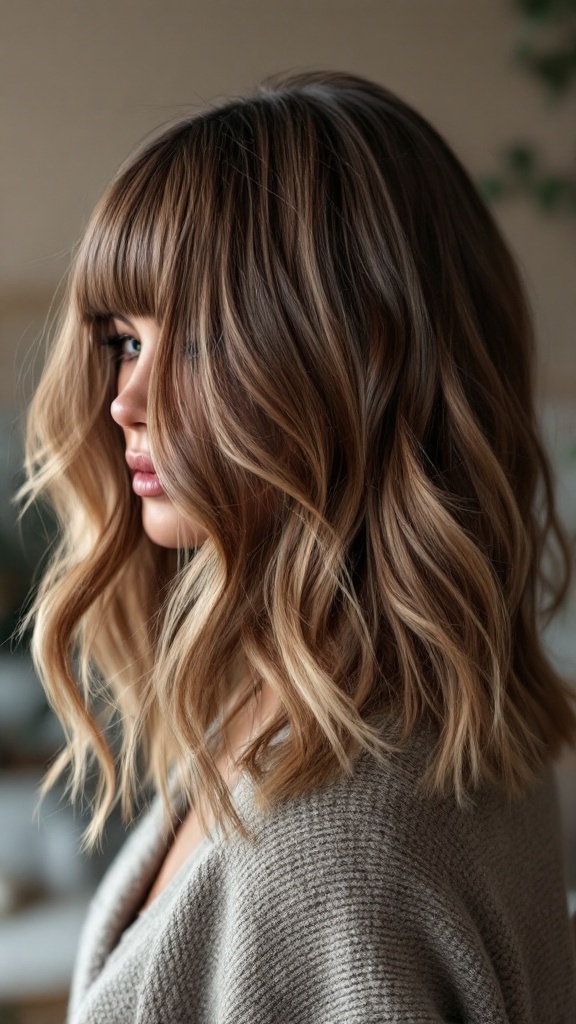 A woman with a layered long bob hairstyle and bangs, showcasing soft waves and a rich hair color.