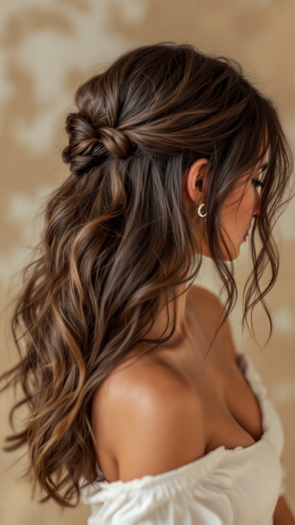 A woman with side part half up half down hairstyle featuring layered waves.