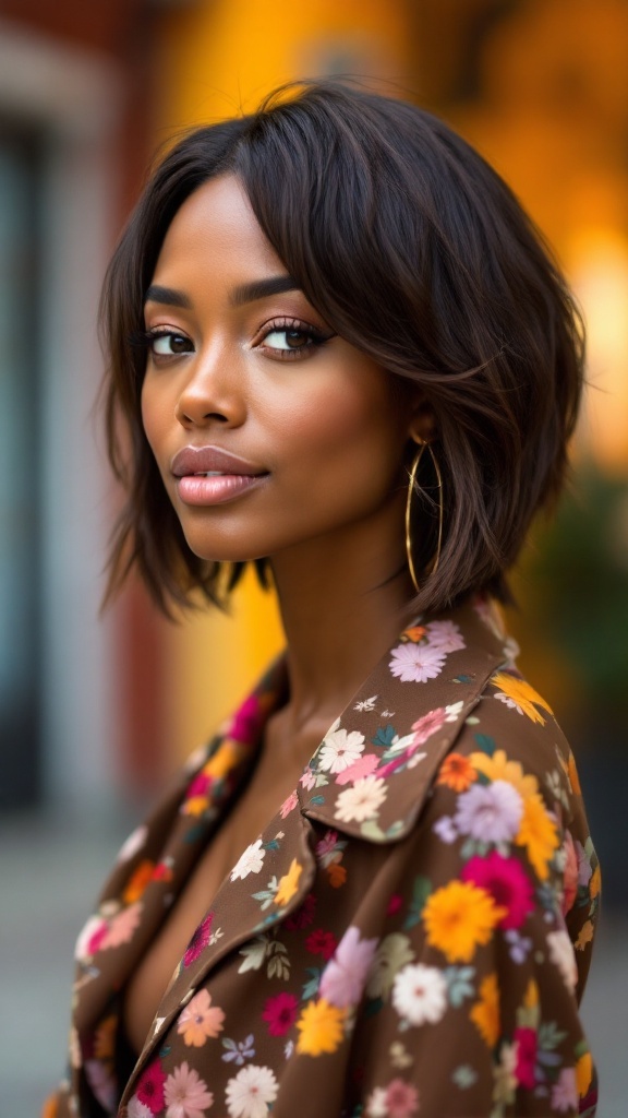 A woman with layered short hair wearing a floral jacket and hoop earrings, showcasing a stylish bob haircut.