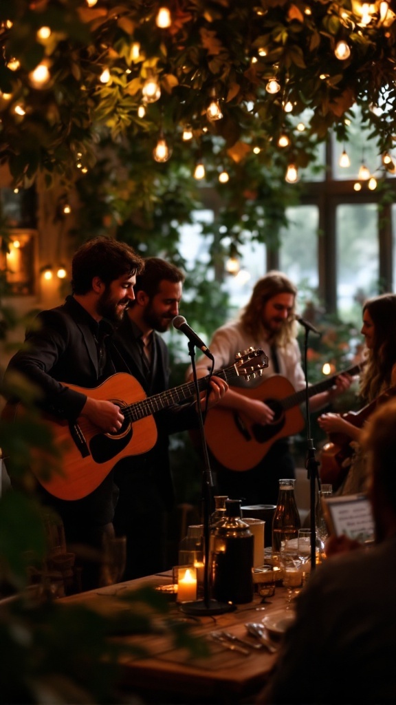 A group of friends playing guitars in a cozy setting with warm lights.