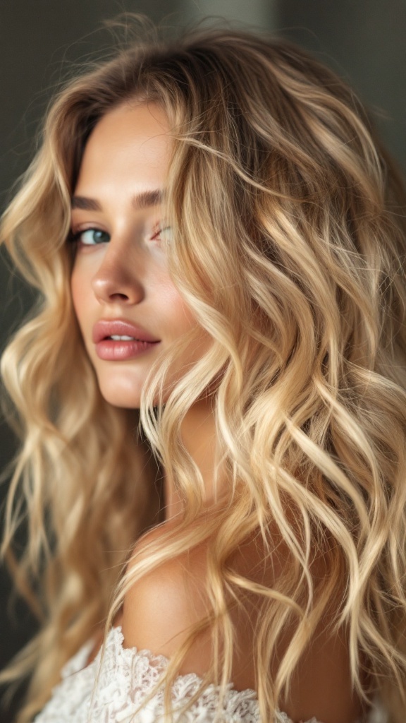 A model with soft, tousled honey blonde hair styled in waves, showcasing a warm and inviting hair color.