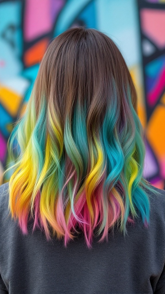 A long bob hairstyle with colorful tips in blue, green, and pink, styled in soft waves.