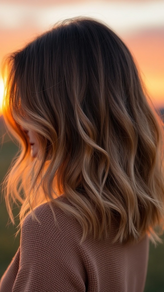 A woman with long bob hairstyle featuring ombre color, transitioning from dark brown at the roots to lighter caramel at the tips, styled in soft waves.