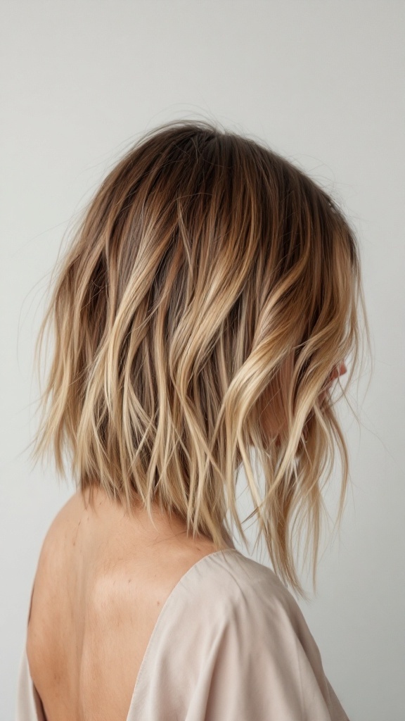 A woman with long bob hair with shaggy layers and soft waves