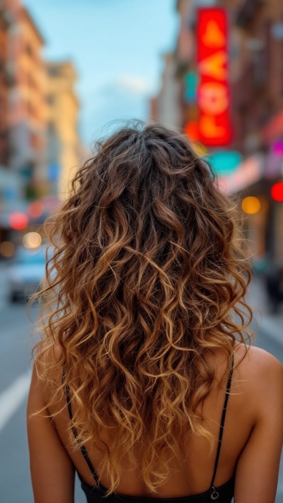 A back view of a woman with long, curly hair in a city street.