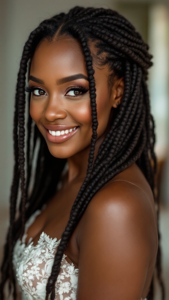 A woman with long goddess locs, smiling, showcasing a radiant look.