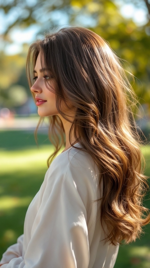 A woman with long layered hair, showcasing volume and soft waves, standing outdoors.