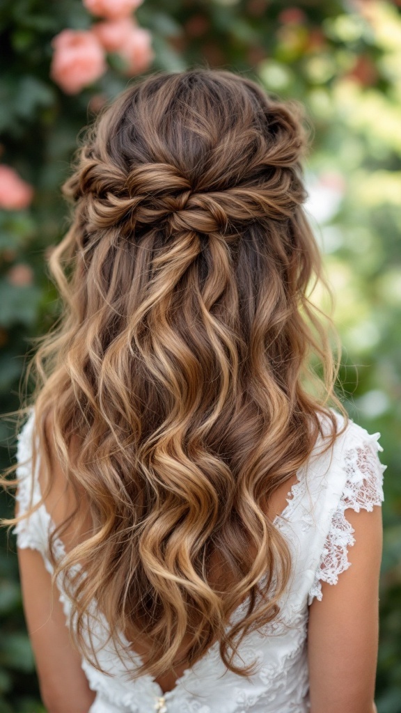 Mother of the bride hairstyle featuring loose waves and romantic braids.