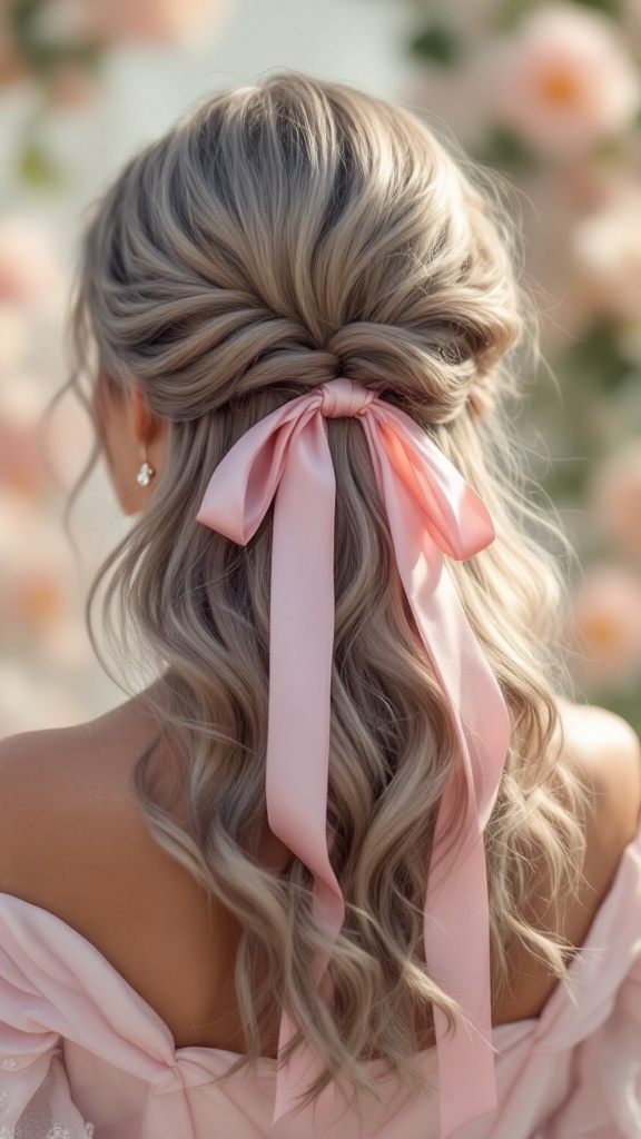 Bridesmaid hairstyle featuring loose waves and a pink silk ribbon tied at the back.