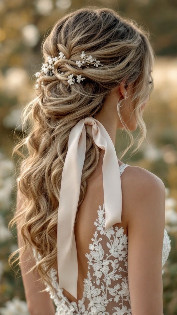 Bridesmaid hairstyle featuring loose waves adorned with a silk ribbon and floral pins.