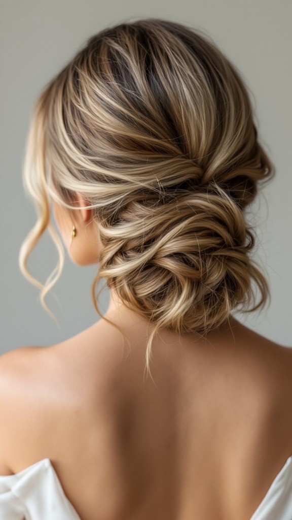 A woman with a low chignon hairstyle featuring draping strands, viewed from the back.