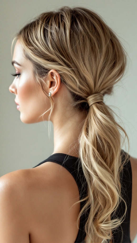 A woman with a low ponytail and soft waves, showcasing a casual yet stylish hairstyle.