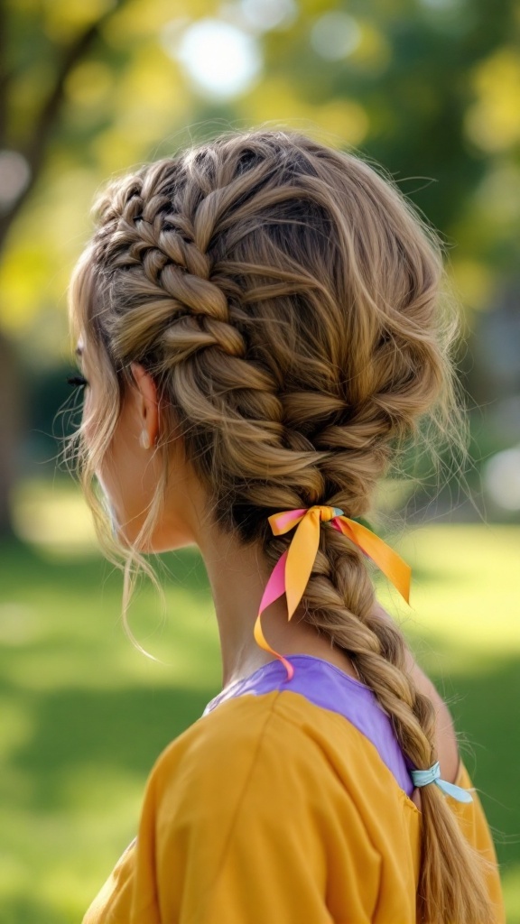 A young girl with a low side braid decorated with colorful ribbons, set against a lush green background.