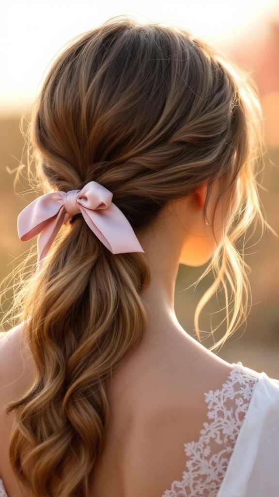 A woman with a low side ponytail styled with a pink ribbon, showcasing soft waves.