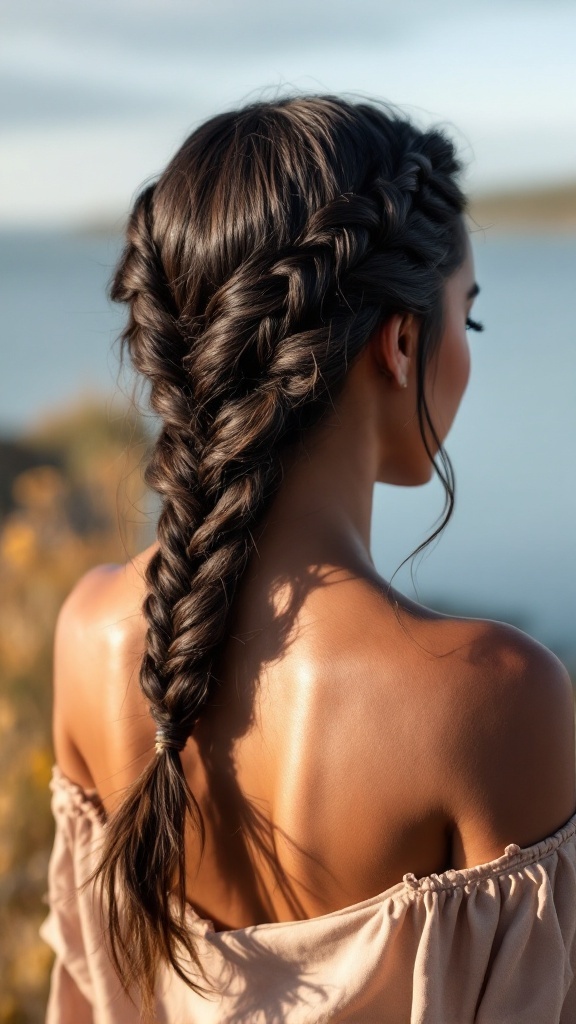 A woman with medium-length hair styled in a low twisted braid, showcasing natural texture and a relaxed look.