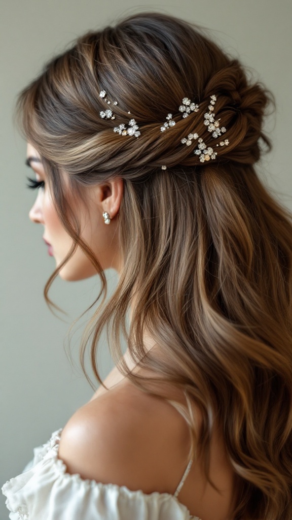 A woman with a luxe half-up half-down hairstyle featuring sparkling hairpins.