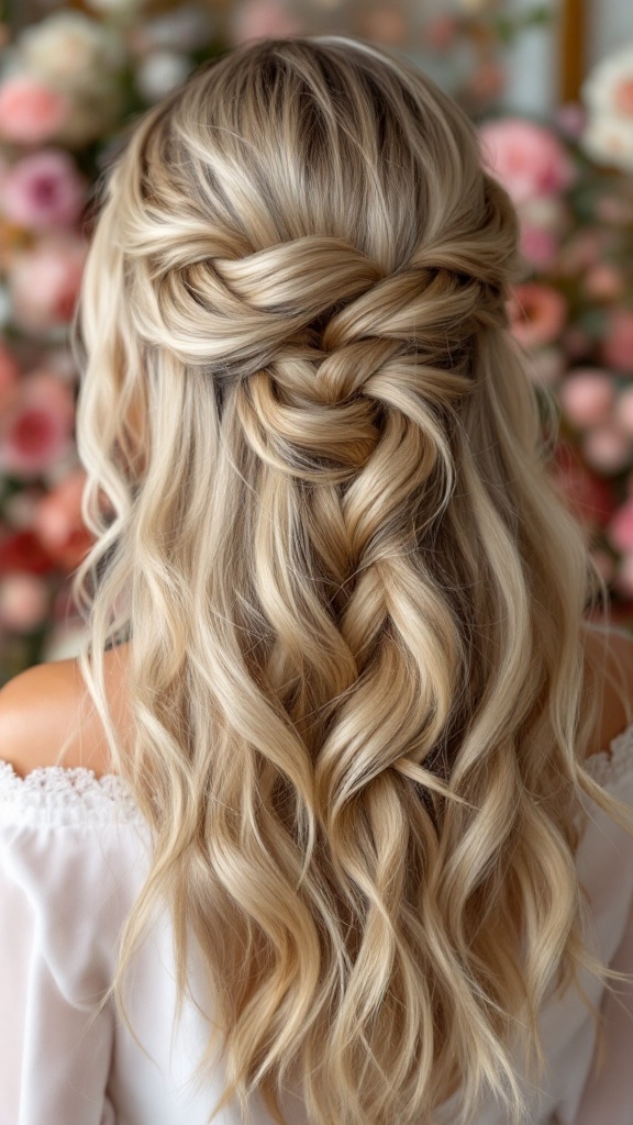 A close-up view of a luxe waterfall braid hairstyle on medium-length hair, showcasing soft waves and a romantic style.