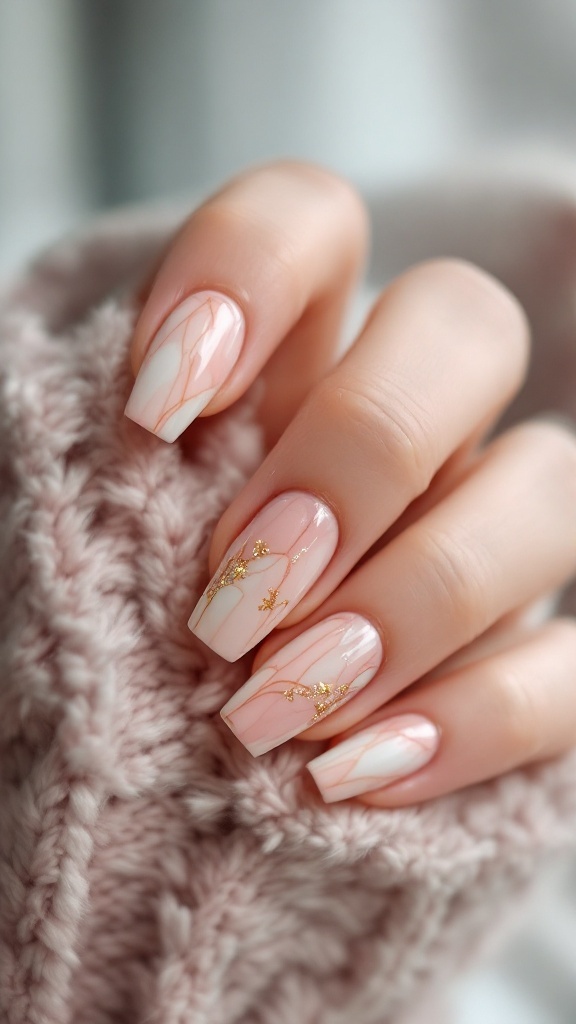 Nails featuring a marble effect in pink and white, decorated with gold accents.