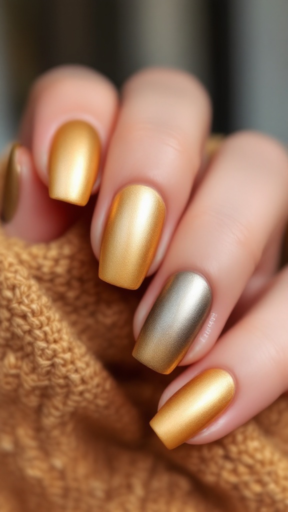 Nails featuring a matte gold ombre effect transitioning from a bright gold to a darker shade.