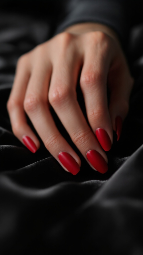 A close-up of a hand with matte red nails resting on a smooth, red fabric