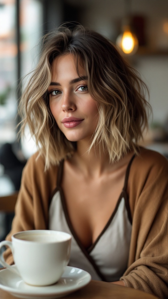 A woman with a messy bob hairstyle, looking stylish and casual, enjoying a cup of coffee.