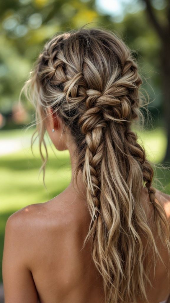 A stylish half-up, half-down hairstyle featuring messy braids and flowing waves.