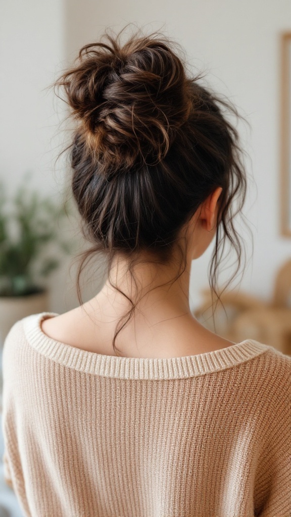 A woman with a messy bun hairstyle, showcasing loose strands around her face.