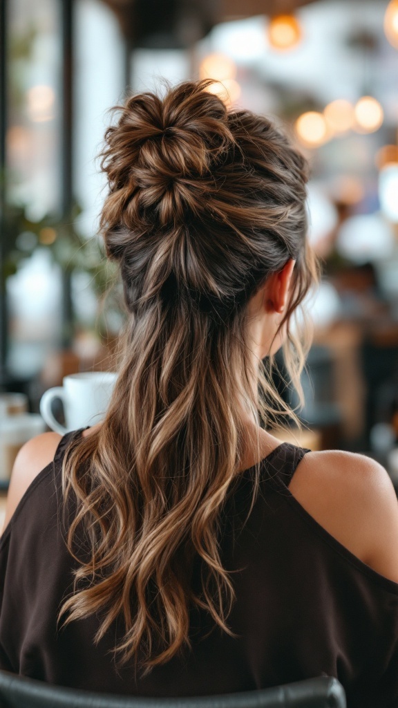 A woman with a messy bun twist hairstyle, featuring flowing waves cascading down her back.
