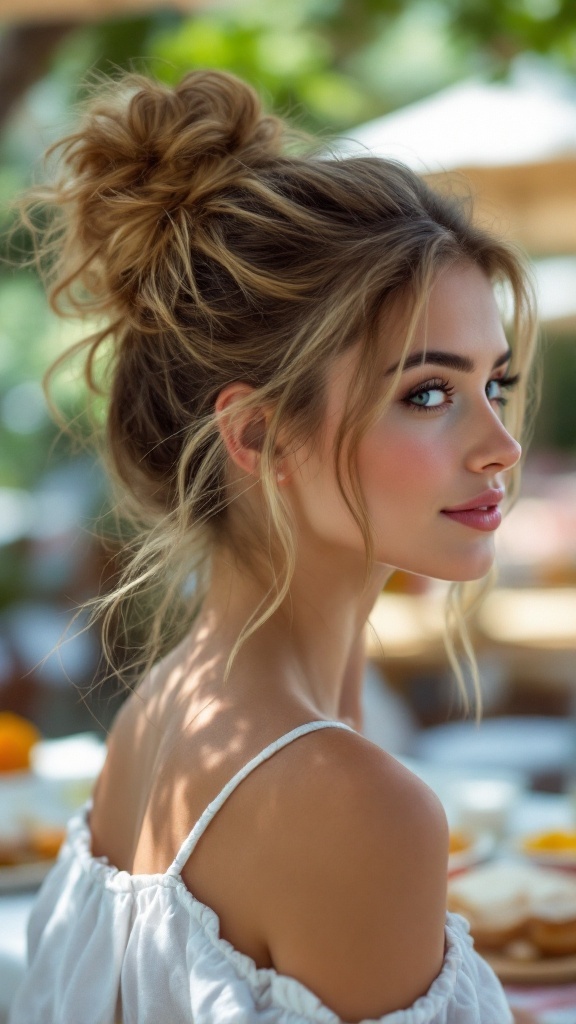 A woman with a messy bun hairstyle, showcasing a relaxed and stylish summer look.