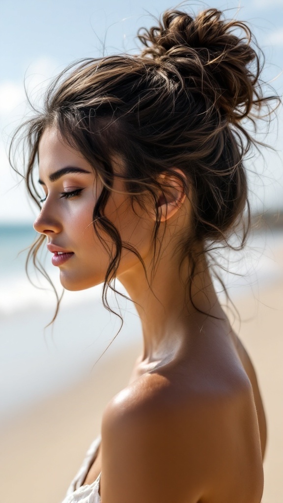 A woman with a messy bun and beachy strands at the beach